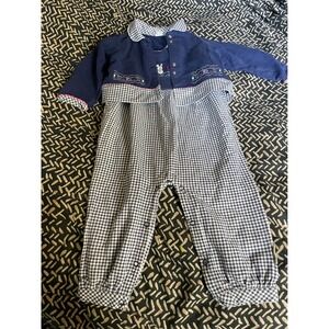 Vintage Baby Romper Set Gingham Check Bunny Embroidery Navy Blue Infant 18 24‎ m